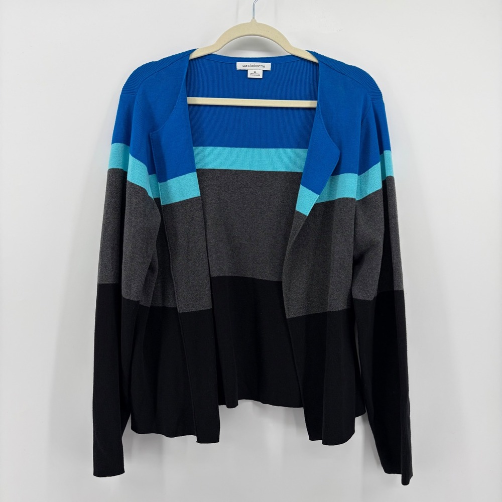 Liz Claiborne Colorblock Cardigan Sweater Women XL Blue Gray Black Cotton